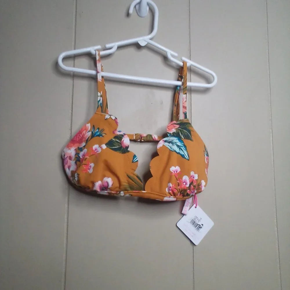 Vanilla Beach Swim Bikini Top S Triangle Scallop Trim Floral